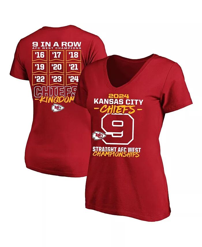 

Женская красная футболка Kansas City Chiefs Nine-Straight AFC West Division Champions Plus Size с V-образным вырезом Fanatics