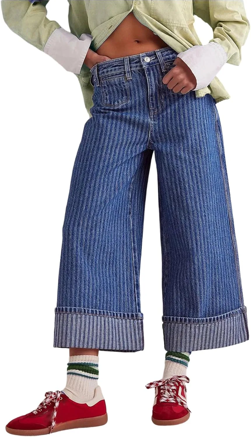 

CHARTOU Женские джинсы с полосками, широкие, укороченные, с карманами