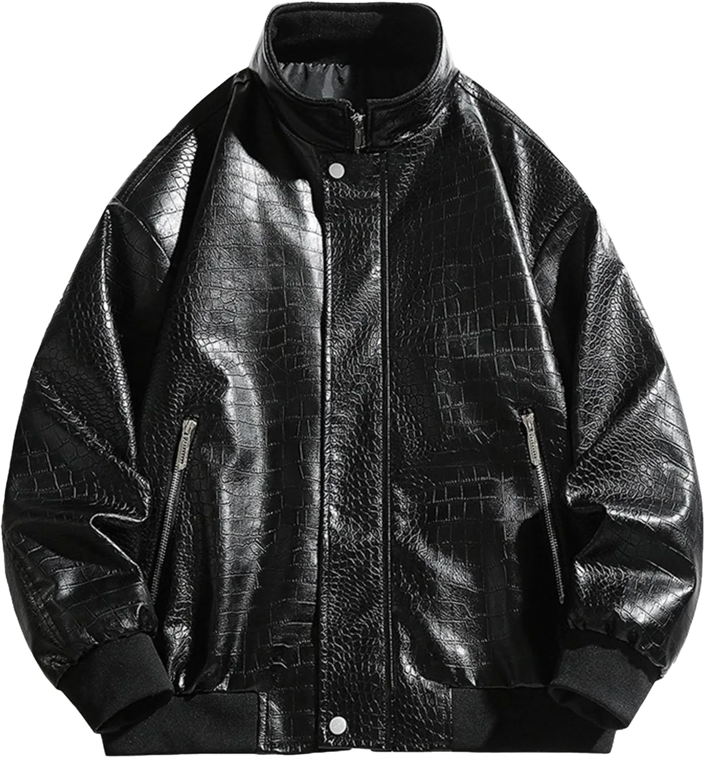Кожаная куртка мужская Croco Printed, мотоциклетная, на кнопках, воротник стойка, молния, PU Generic, черный