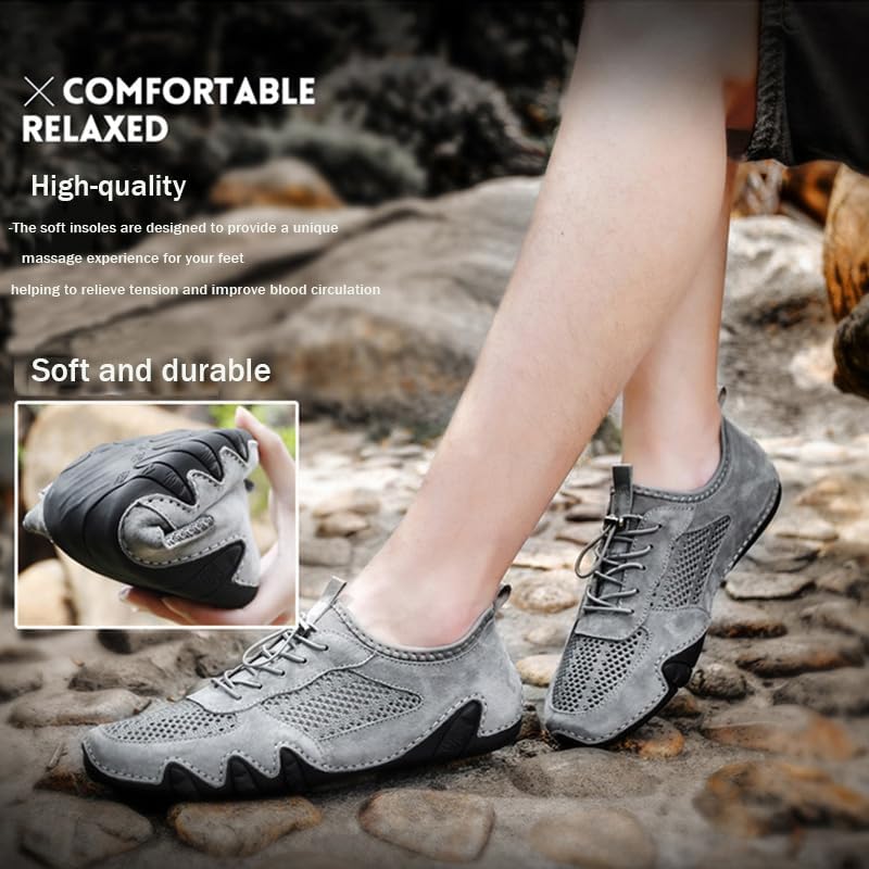 Мужские летние дышащие трекинговые кроссовки AngryMonkey для ходьбы и походов, итальянская ручная работа, мягкие замшевые лоферы без шнурков, серый — фото 3