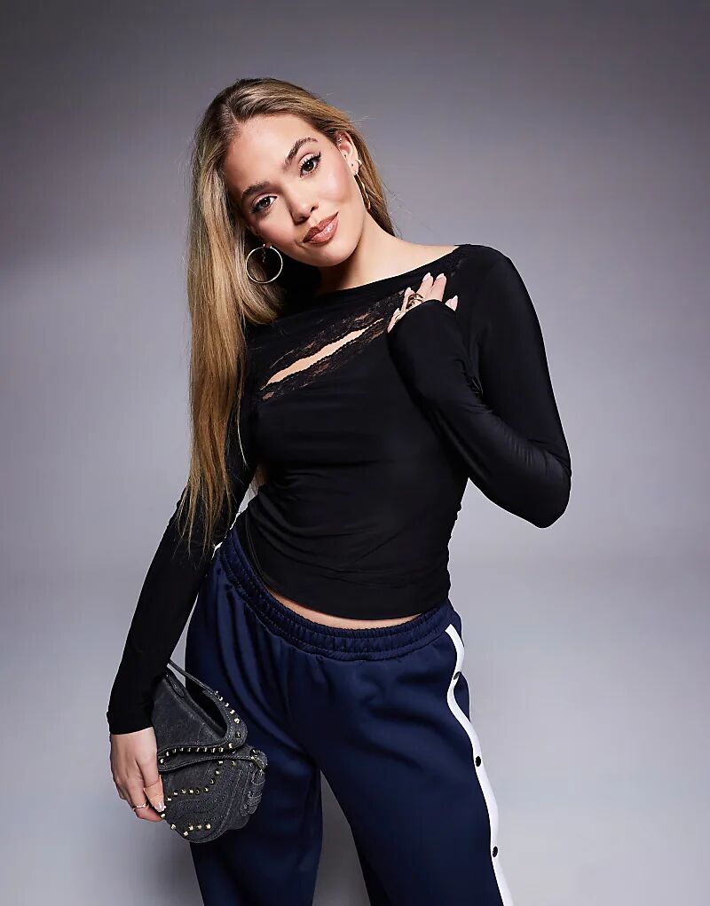 

Облегающий топ с длинными рукавами и кружевной отделкой черного цвета ASOS DESIGN