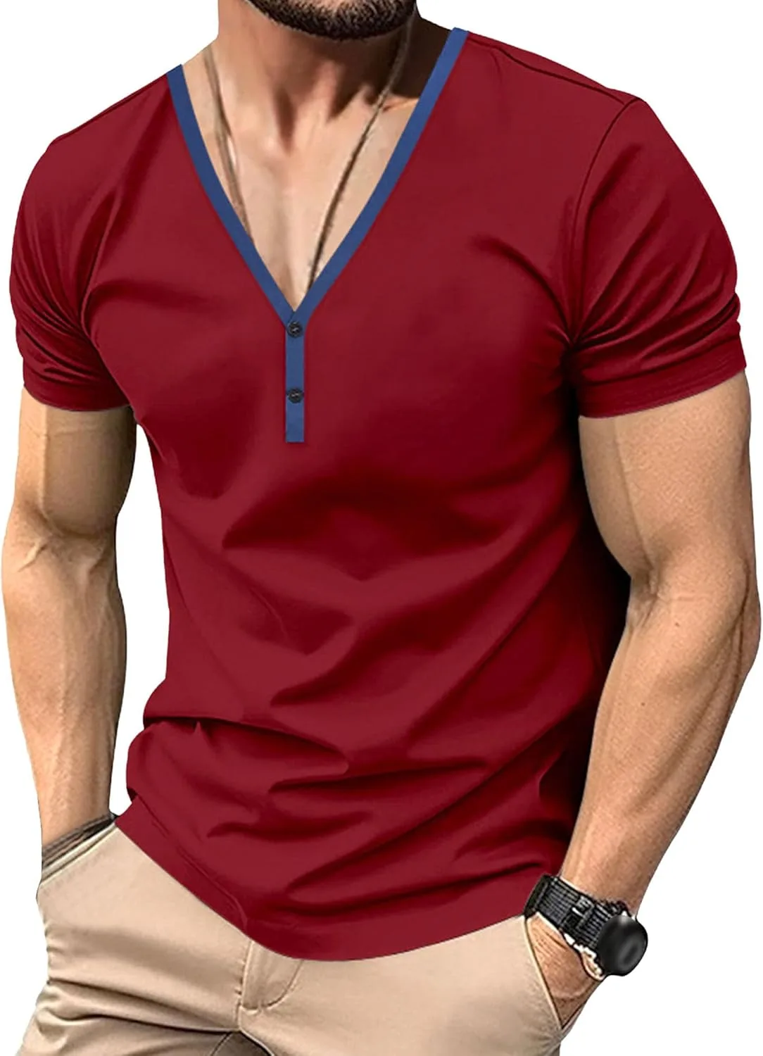

Мужская футболка Henley Casual Cotton Slim Fit без воротника Gsywaipei