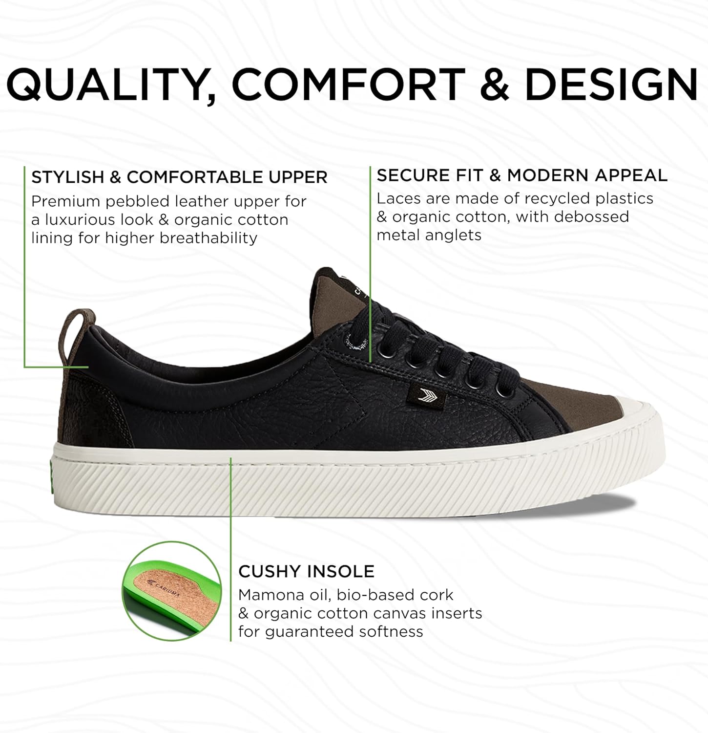 Кроссовки Cariuma OCA Low Premium Leather, удобная обувь для мужчин, легкая и экологичная, универсальная повседневная обувь с 100 веганскими стельками, резиновая подошва, черный/хаки — фото 2