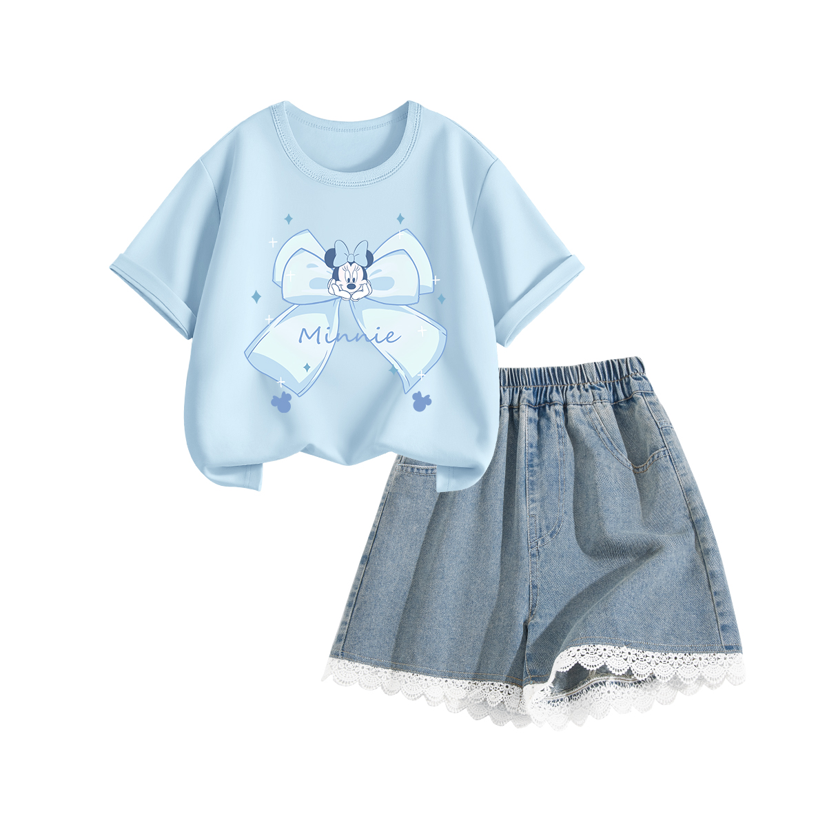 

Детская повседневная спортивная одежда с круглым вырезом, тонкая футболка Disney, di meng jie sky синий+solid color lake синий