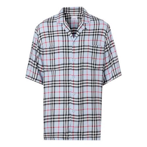 

Рубашка men's vintage plaid short sleeve shirt light blue Burberry, голубой
