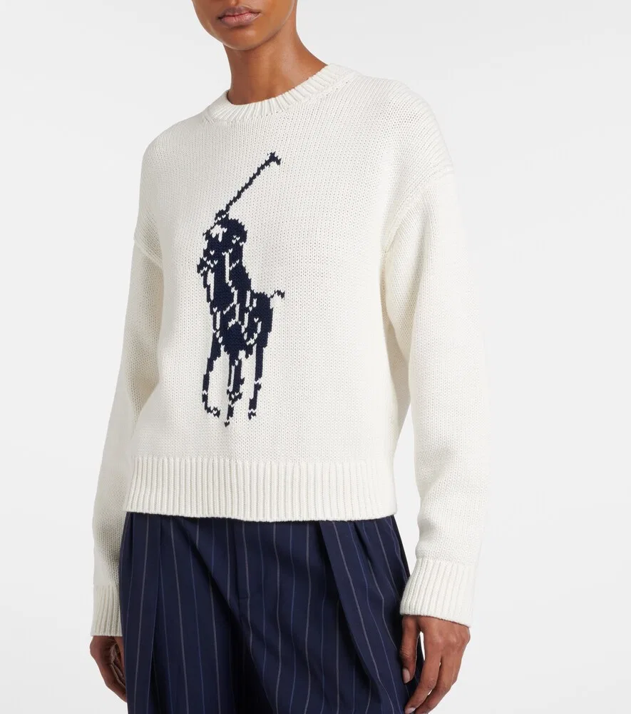 Хлопковый свитер с интарсией «Большой пони» Polo Ralph Lauren, белый — фото 3