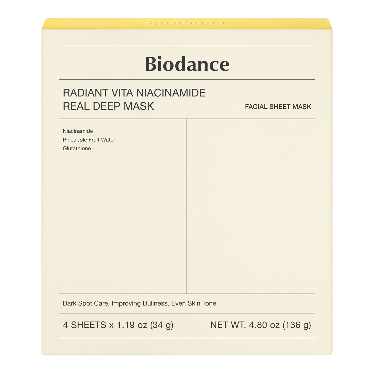 

Маска Radiant Vita Niacinamide Real Deep Mask - для более сияющего и ровного цвета лица. Biodance, x 4