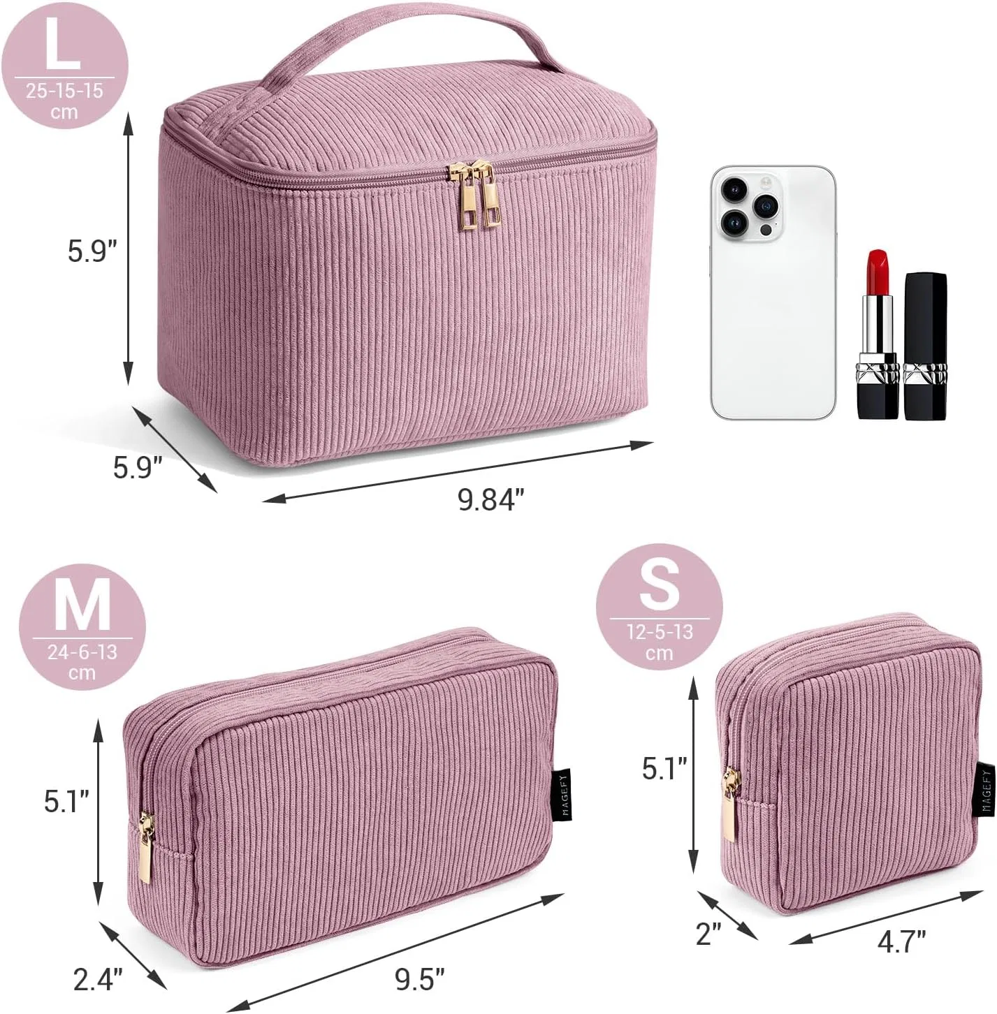 Набор из 3 косметичек MAGEFY для сумочки, вельветовые Magefy, Pink - 3 Pack — фото 2
