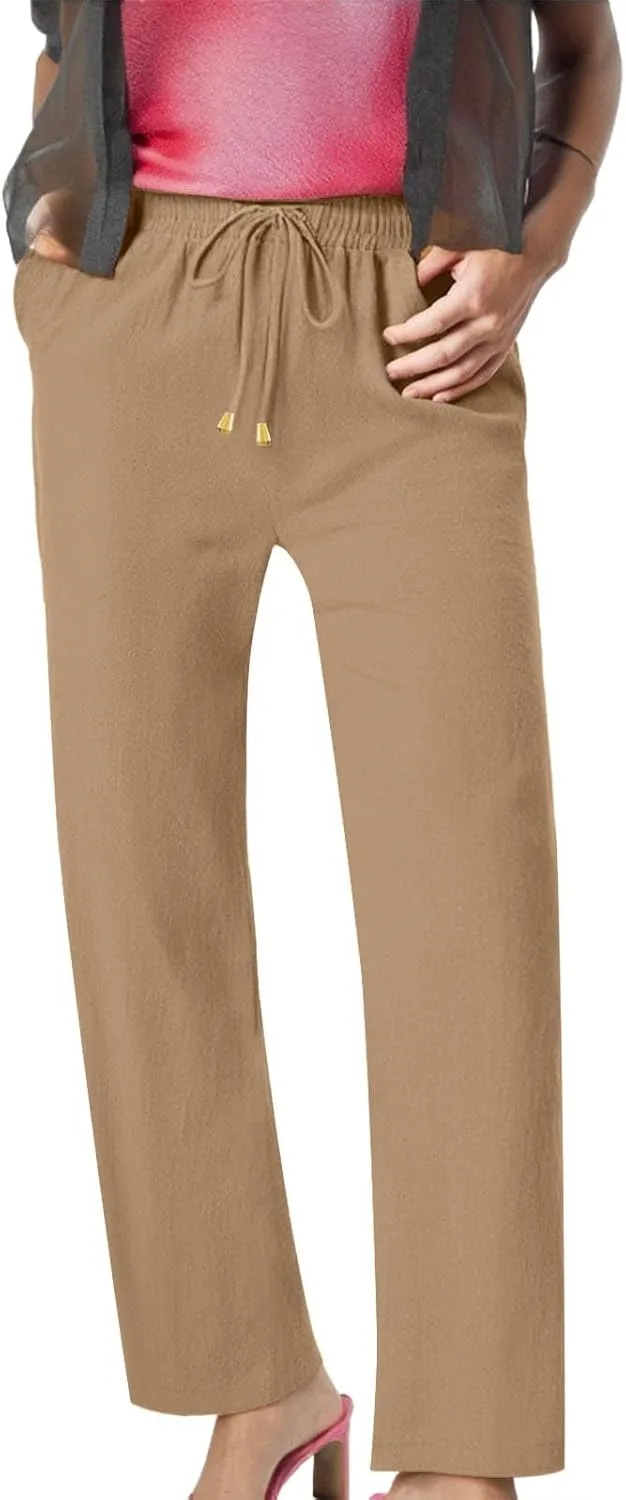 Женские брюки Wide Leg из льна для лета и пляжа, свободного кроя, с высокой посадкой, легкие, хлопок-лен, с карманами Generic, хаки