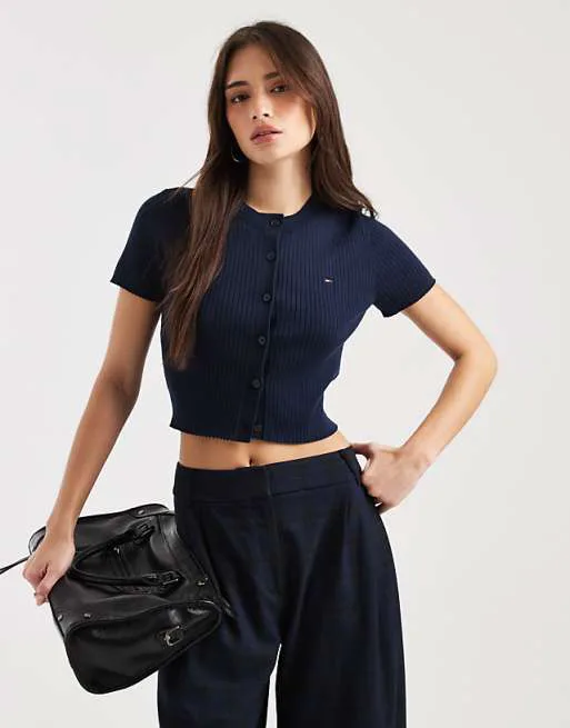 

Темно-синий кардиган с короткими рукавами в рубчик Tommy Jeans