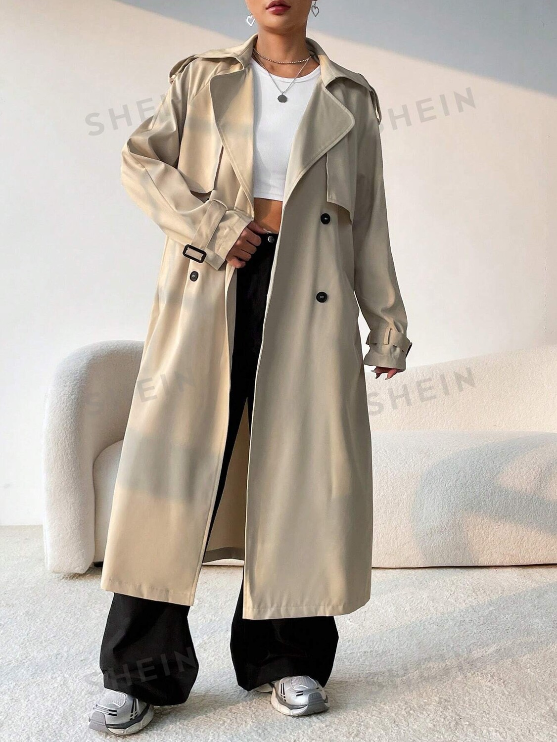 

Тренч EZwear, двубортный, декорированный поясом Shein, абрикосовый