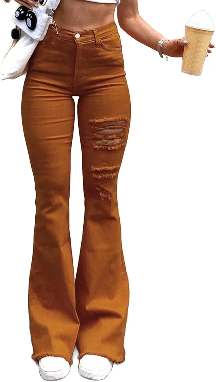 

Женские оранжевые рваные джинсы-клеш high waisted с потертостями AprPith