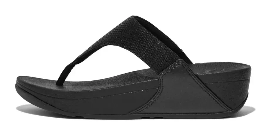 Шлепанцы "LULU SHIMMERLUX TOE-POST SANDALS", каблук-танкетка, летняя обувь, блестящие тапочки Fitflop, черный — фото 3