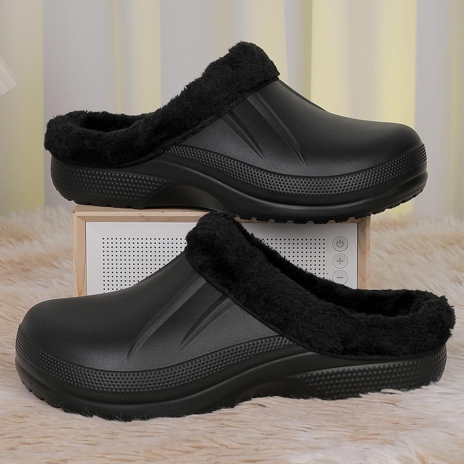 YUKTOPA Unisex из искусственной меховой подкладки- зимняя теплая обувь, слизающие водонепроницаемые домашние тапочки, легкие садовые сабо, мулы для пляжа во дворе, черный — фото 3