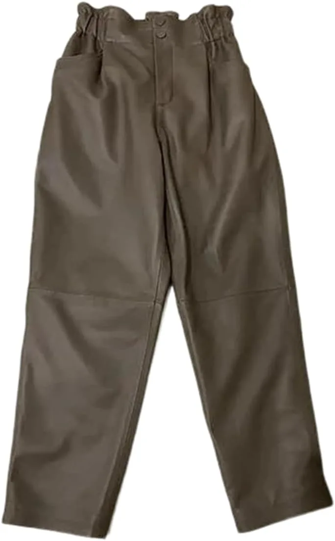 

Женские брюки из натуральной кожи с высокой талией и эластичным поясом