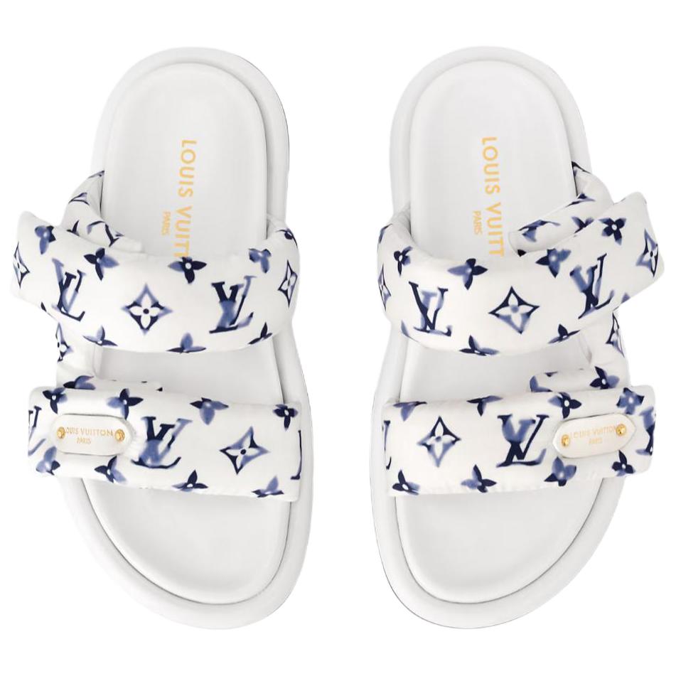 LOUIS VUITTON Пуховые комфортные тапочки-слипоны для женщин сине-белые — фото 4
