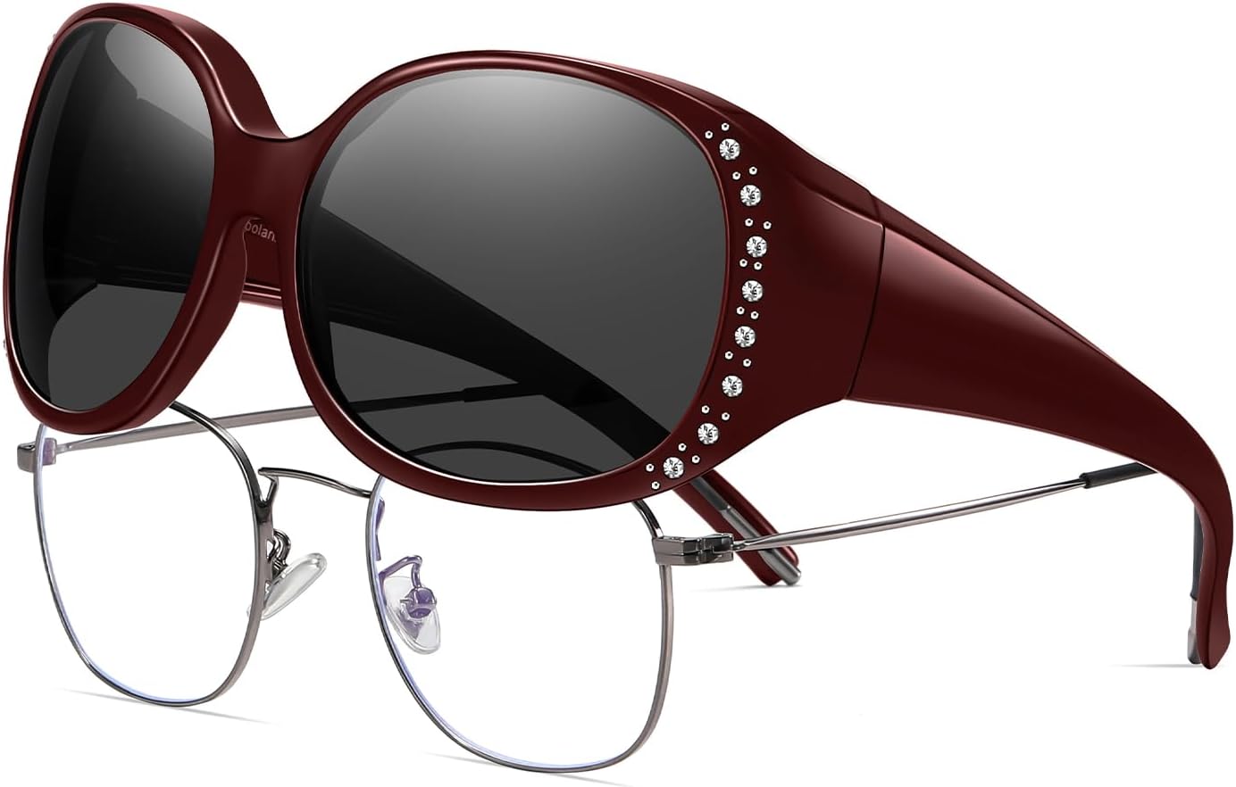 

Женские поляризованные солнцезащитные очки HAOLOTA с блестками, солнцезащитные очки для коррекции зрения, защита от УФ-излучения UV400, L Size Wine Red Frame Grey Lens