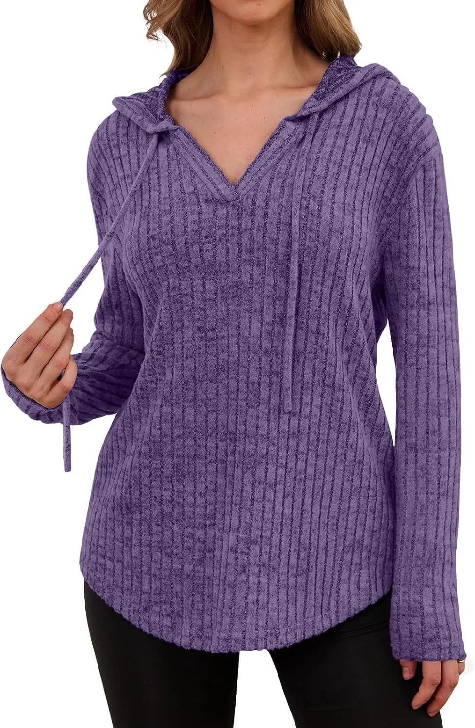 

Женский вязаный свитер с капюшоном и V-образным вырезом Kvsozwuty