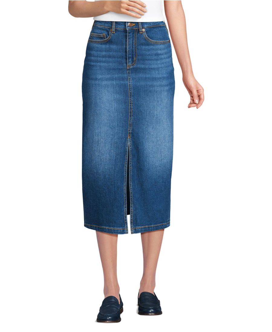 

Женская мягкая джинсовая юбка-миди прямого кроя Lands' End, Indigo tide blue