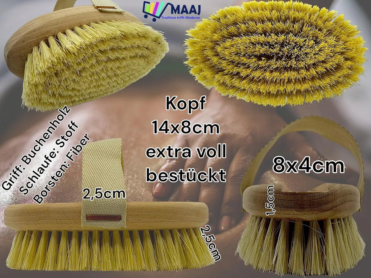Массажная щетка для ванны XL с длинной ручкой от MAAJ, 48 см Bürstenfabrik - Made In Germany — фото 3