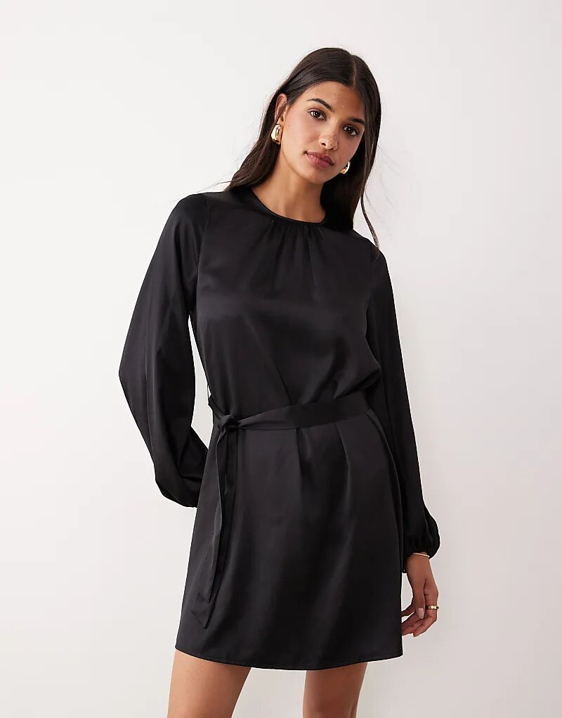 

Мини-платье Vila из атласа с рукавами-фонариками и завязкой на талии, черное