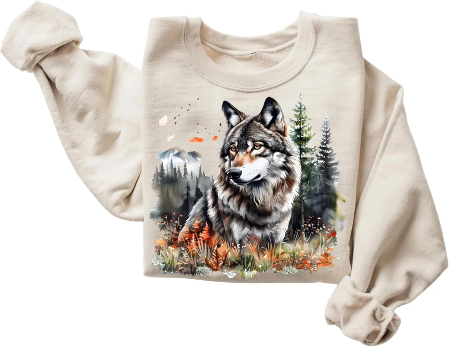 

Ретро свитшот Unisex с волком в пейзаже, комфортный на все сезоны