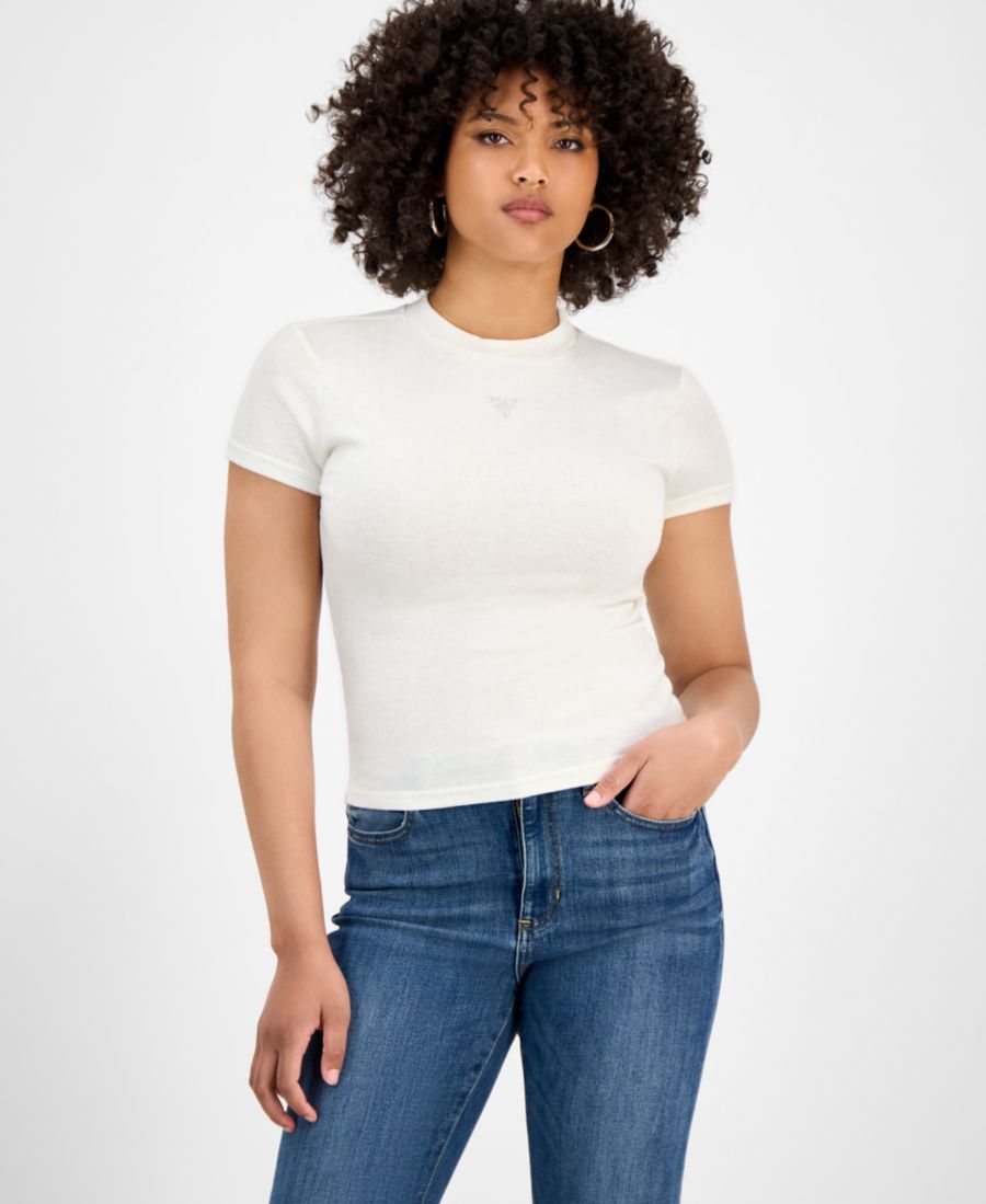 

Женская футболка Licia с короткими рукавами и воротником-стойкой GUESS, Cream White