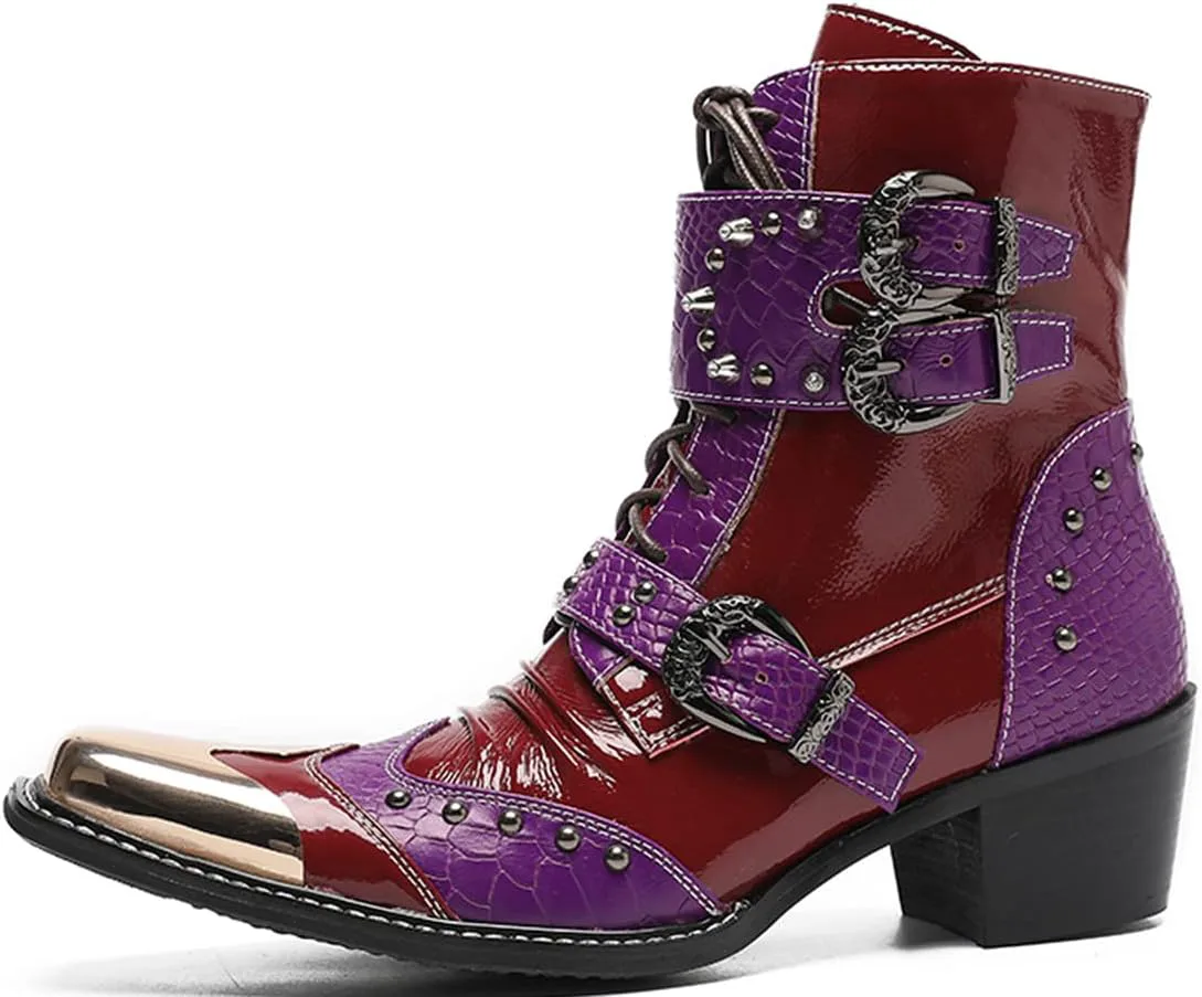 

Мужские повседневные оксфорды Santimon из натуральной кожи - вестерн-бутсы с металлическим квадратным носком, средним голенищем, двухцветные ковбойские ботинки с ремешком с заклепками и пряжкой для вечеринки, концерта, родео или диско, красный