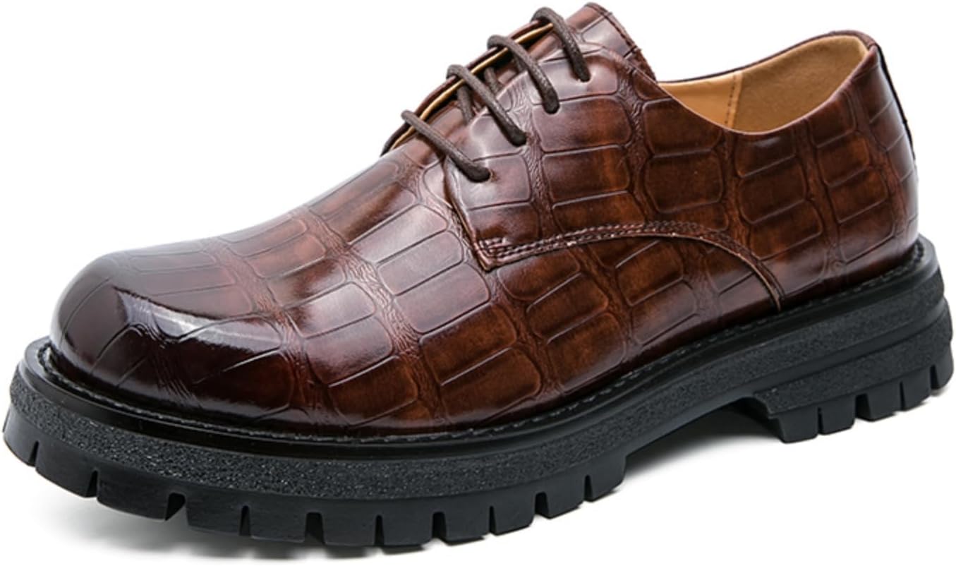 

Мужские винтажные туфли с отделкой под каменную фактуру из лакированной кожи на шнуровке с платформой, низкие, с нескользящей массивной подошвой, для деловых и свадебных торжеств Boaobaihuo, коричневый