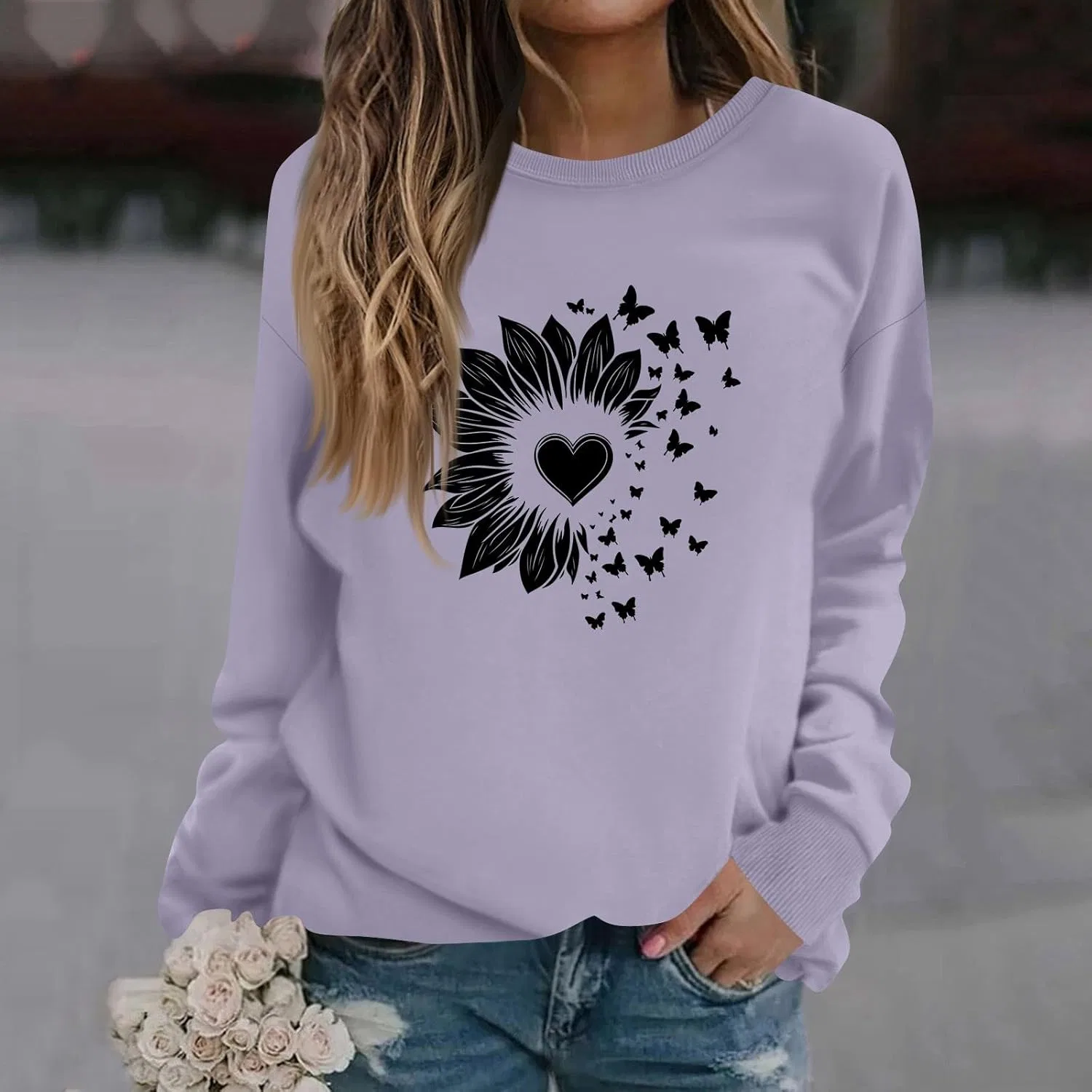 Женский свитшот с флористическим принтом, свободный крой, цвет 3-purple — фото 3