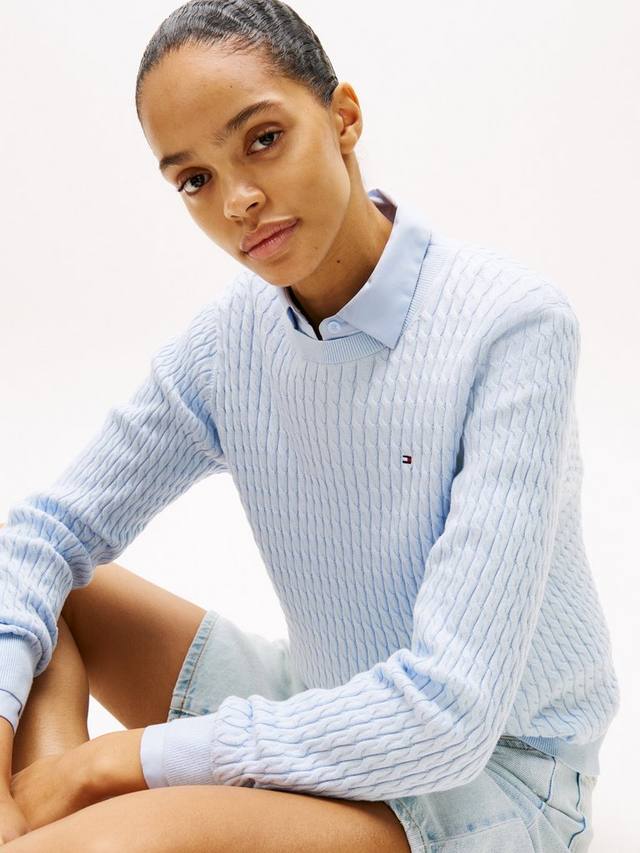 Тонкий свитер с вязкой кабелем и круглым вырезом Tommy Hilfiger, Breezy Blue — фото 3