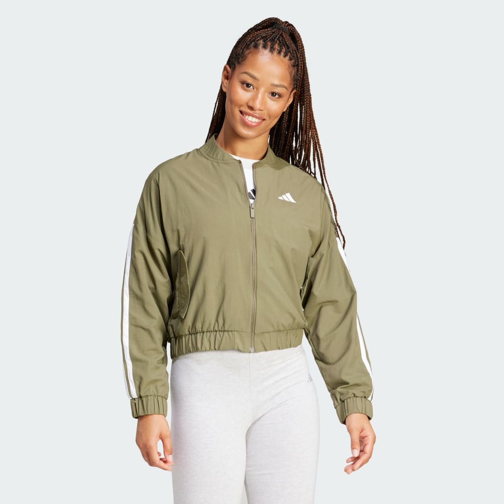 Бомбер Adidas Essentials 3-Stripes Lifestyle Woven Bomber Jacket, цвет Olive Strata/White — фото 3