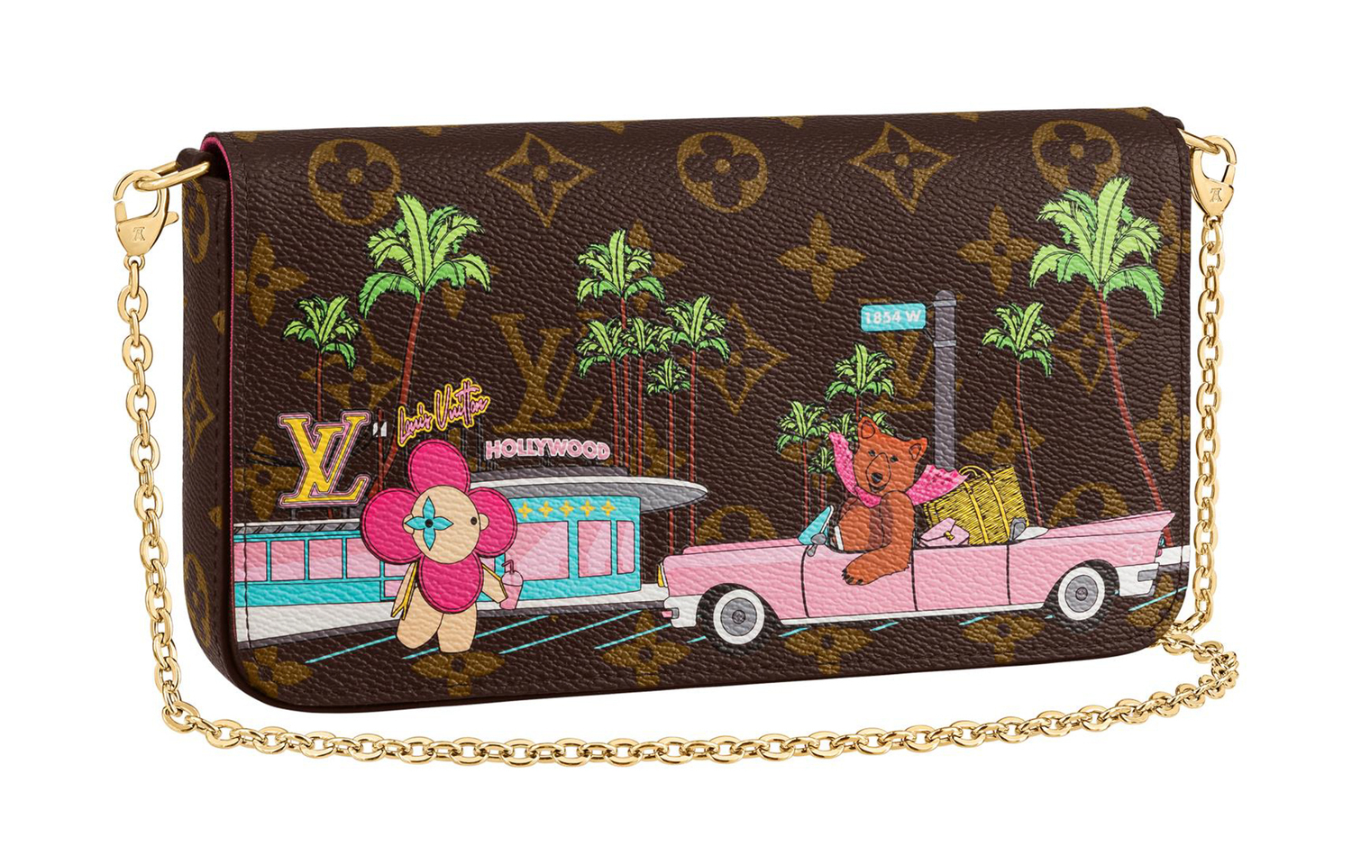 Louis Vuitton Сумочка Pochette Felicie со съемным карманом на молнии и 8 плоскими отделениями, монограмма Vivienne, цвет фуксия
