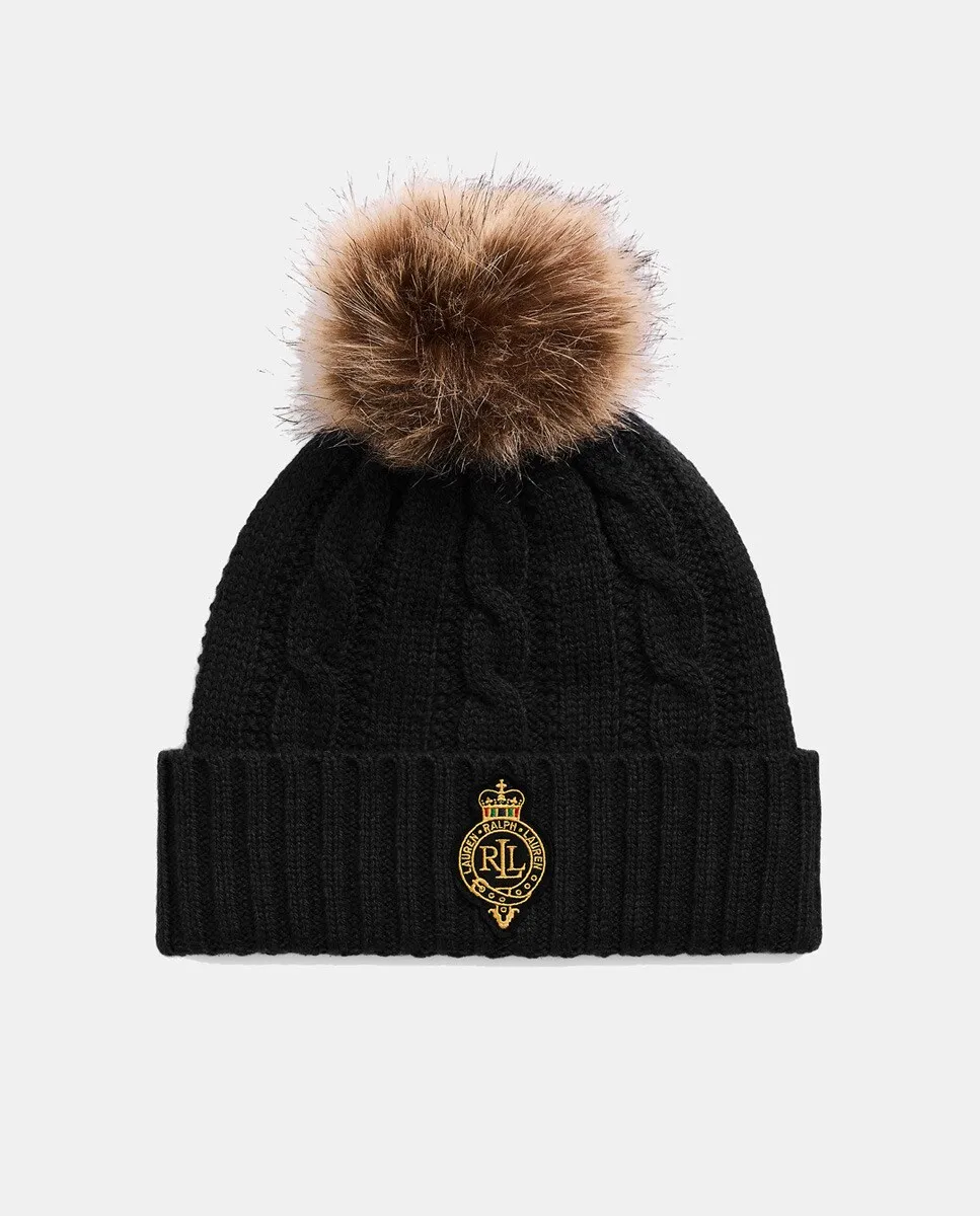 

Вязаная женская шапка с помпоном и логотипом Lauren Ralph Lauren, черный