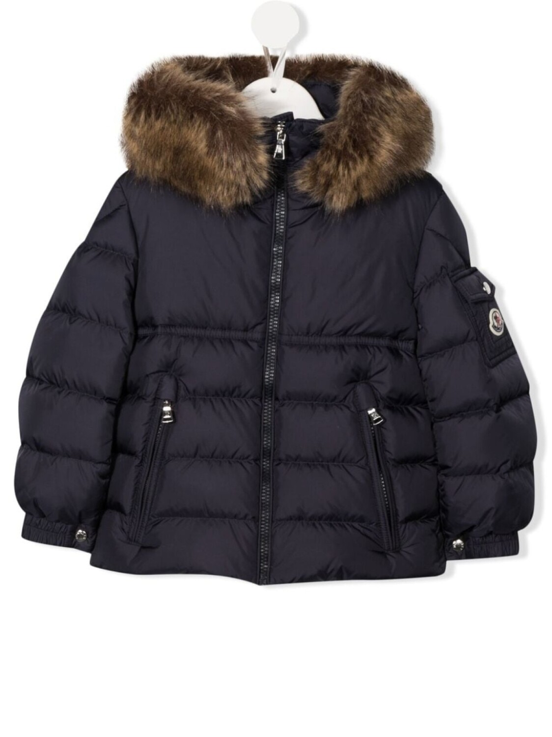 

Moncler Enfant пуховик с капюшоном и искусственным мехом, синий