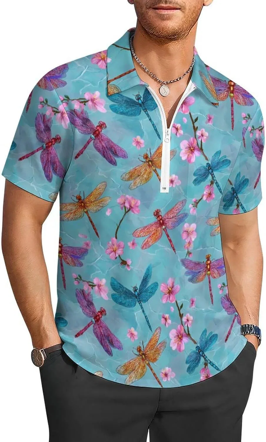 Мужская поло с коротким рукавом, Dragonfly and Floral, на молнии, с карманом, Style