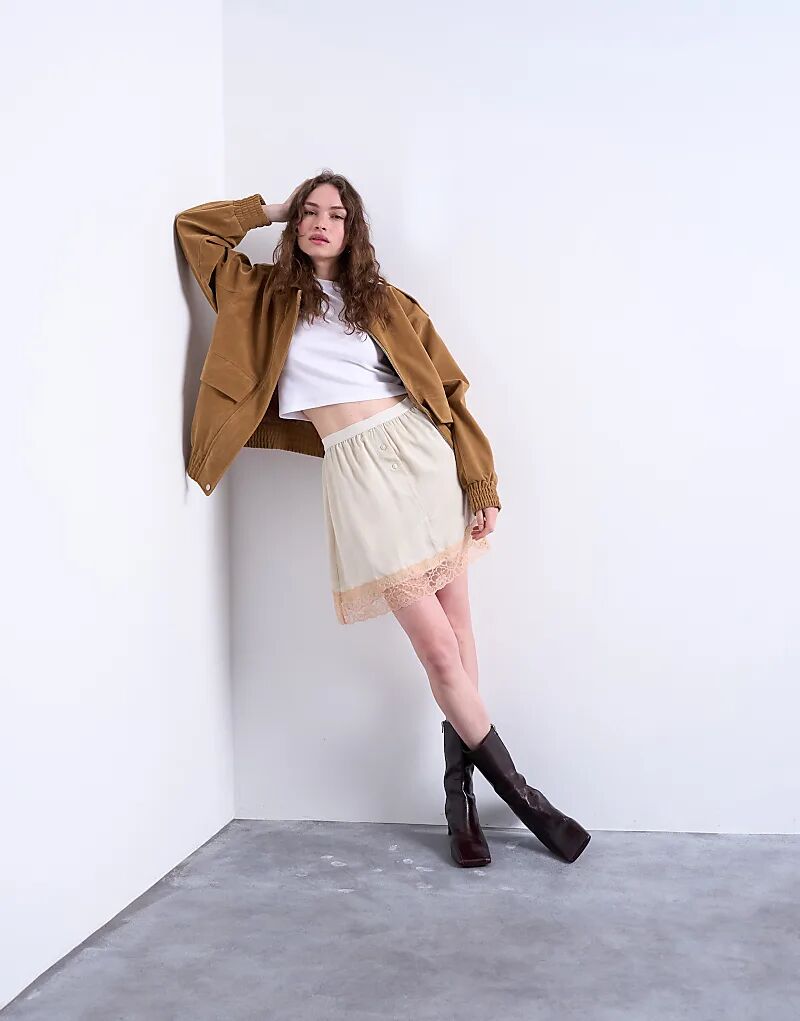 

Мини-юбка Topshop из атласного кружева с контрастным кружевом цвета устрицы