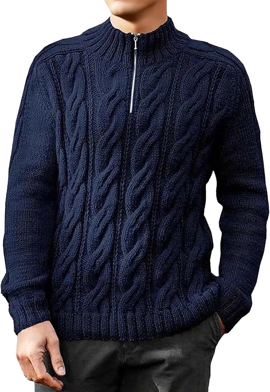 

Мужской свитер Casual Quarter Zip с длинным рукавом, кабельная вязка, хлопок, Mock Neck DGHM-JLMY