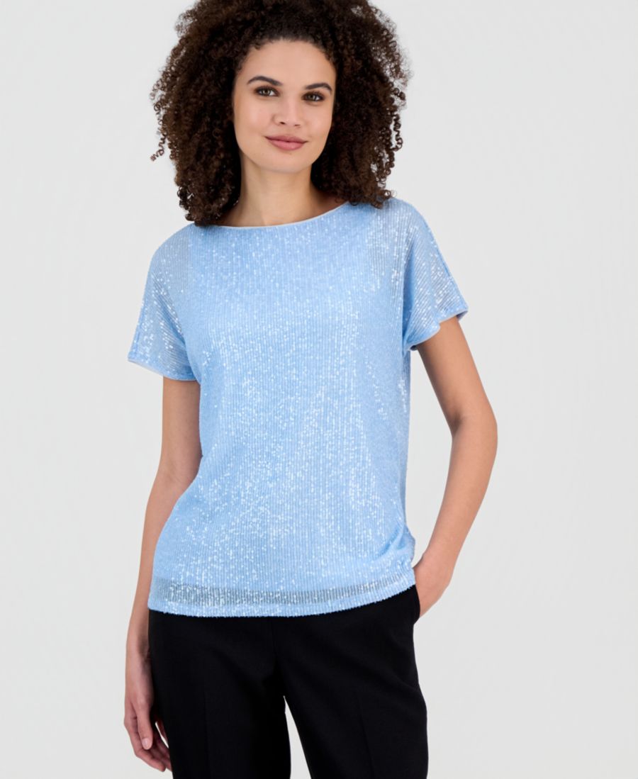 

Женская футболка с коротким рукавом и пайетками Anne Klein, Opal Blue, Синий, Женская футболка с коротким рукавом и пайетками Anne Klein, Opal Blue