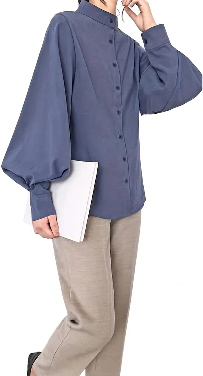 Блуза с объемными рукавами, stand collar, из коллекции, синий