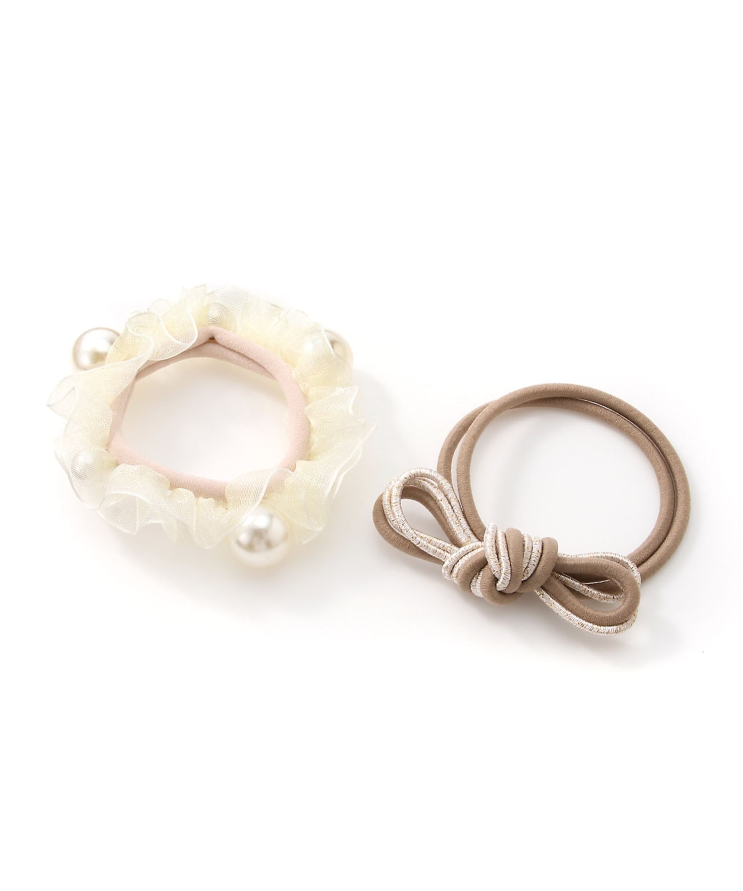 Набор из трех резинок для волос /Pearl Scrunchie x Ribbon Hair Research Set Three Four Time, beige — фото 3