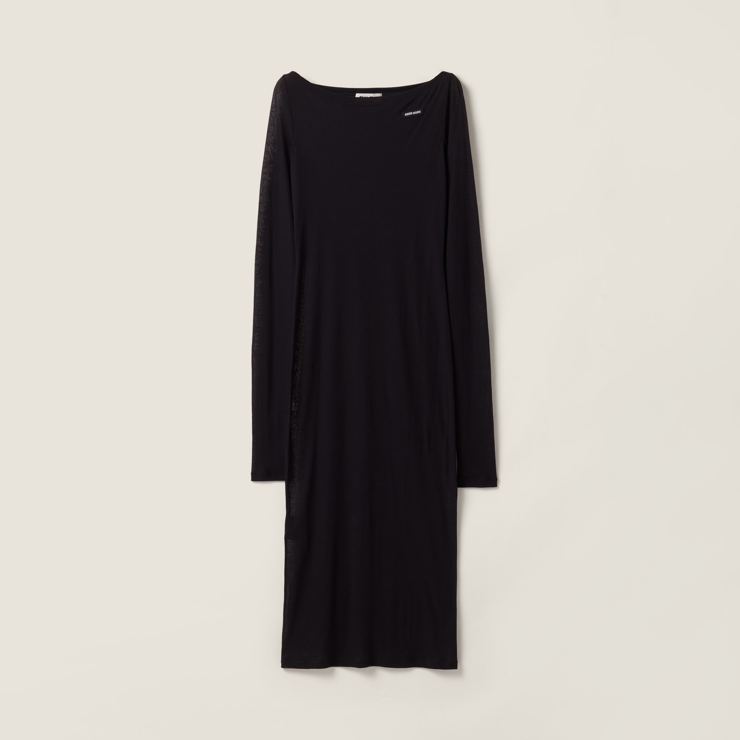 

Длинное платье из трикотажного рубчатого джерси MIU MIU, черный