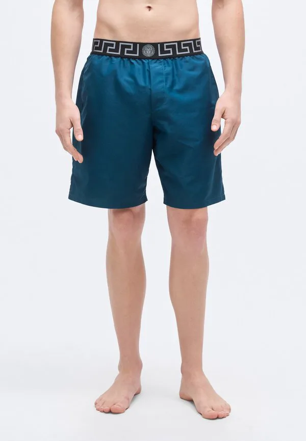 Новые длинные плавательные шорты с логотипом Versace, Petrol Blue/Nero/Silver-Coloured