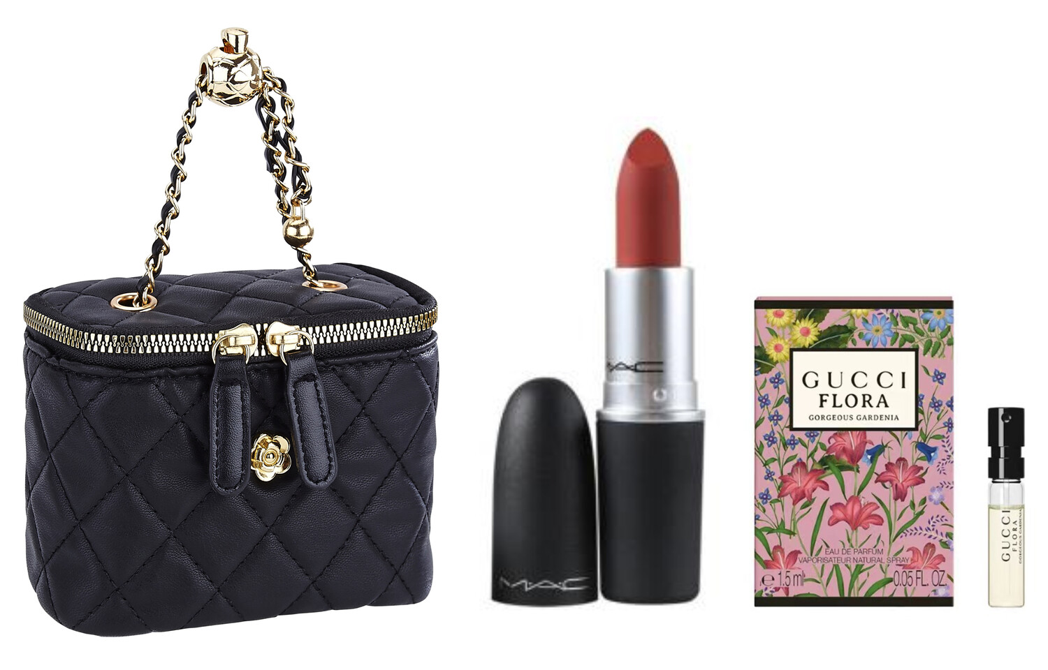Подарочный набор: губная помада MAC Lustreglass Lipstick 549 + миниатюра аромата Gucci Flora Gorgeous Jasmine + косметичка — фото 3