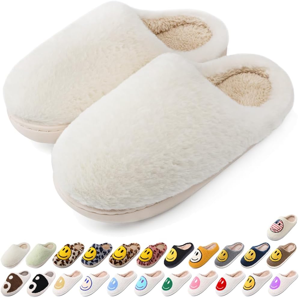 

Домашние тапочки AIMINUO для женщин и мужчин, ретро стиль, с улыбкой, мягкие и теплые плюшевые тапочки на молнии, удобная зимняя обувь для дома, с мягкой подушкой, противоскользящие и пушистые, слоновая кость