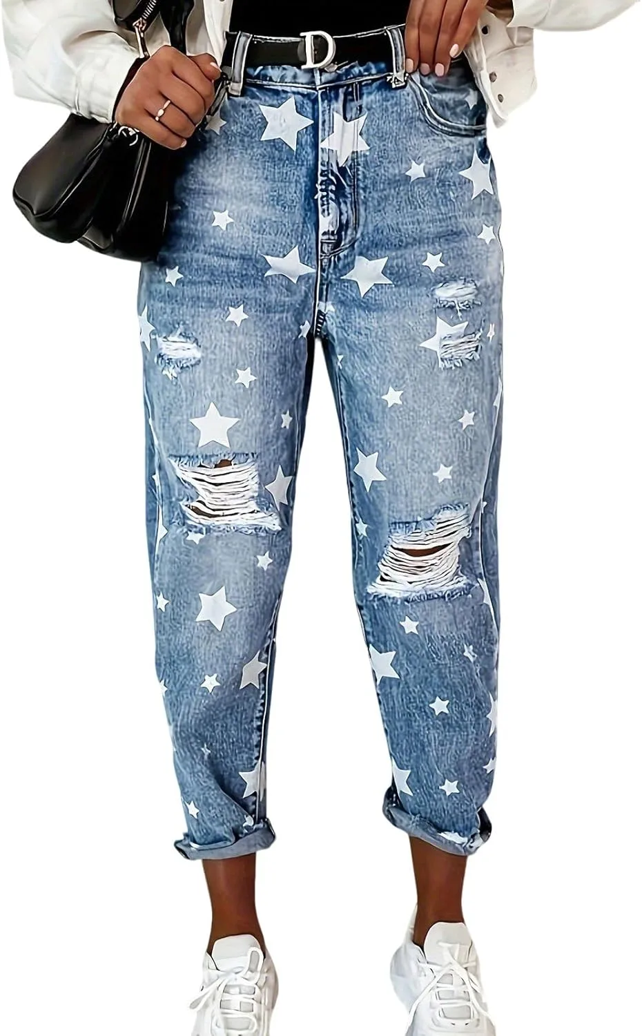 

Женские джинсы-бойфренды loveimgs Y2k укороченные мешковатые с принтом звезд и потертостями