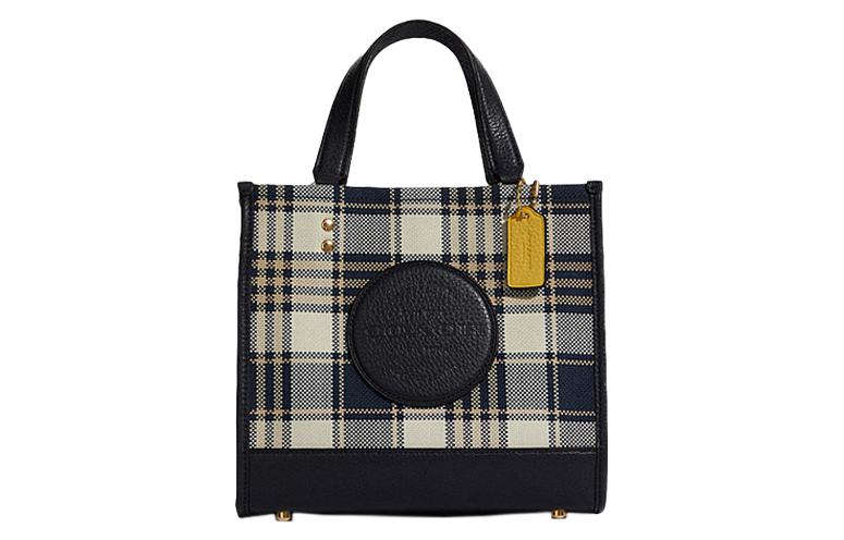 

Сумка через плечо Dempsey Fabric с кожаной вставкой маленького размера для женщин, темно-синий цвет, бежевая клетка COACH