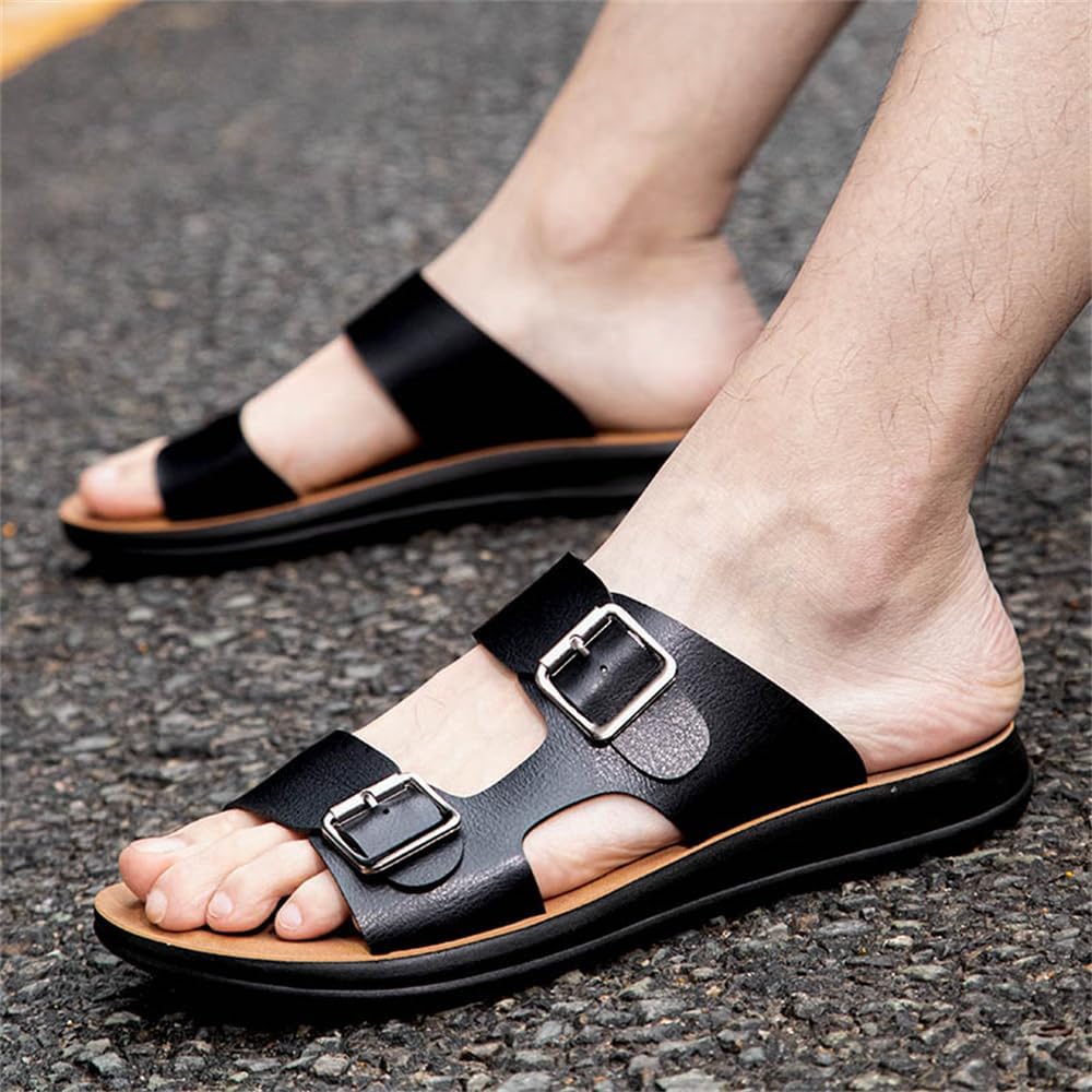 Мужские кожаные шлепанцы Abborora с открытым носком для улицы, комфортные ретро повседневные вьетнамки, летние сандалии-слипоны для мужчин, черный/коричневый — фото 2