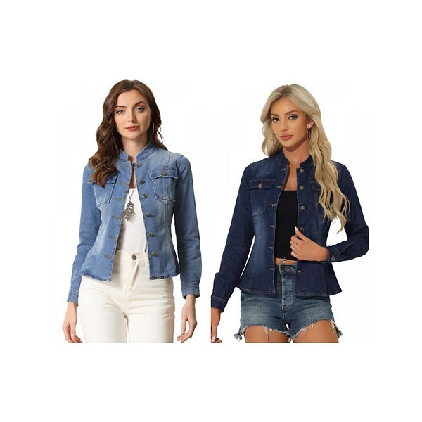 

2 упаковки женской джинсовой куртки casual с классическим воротником стойкой и длинными рукавами Inspire Chic, Blue Dark Blue