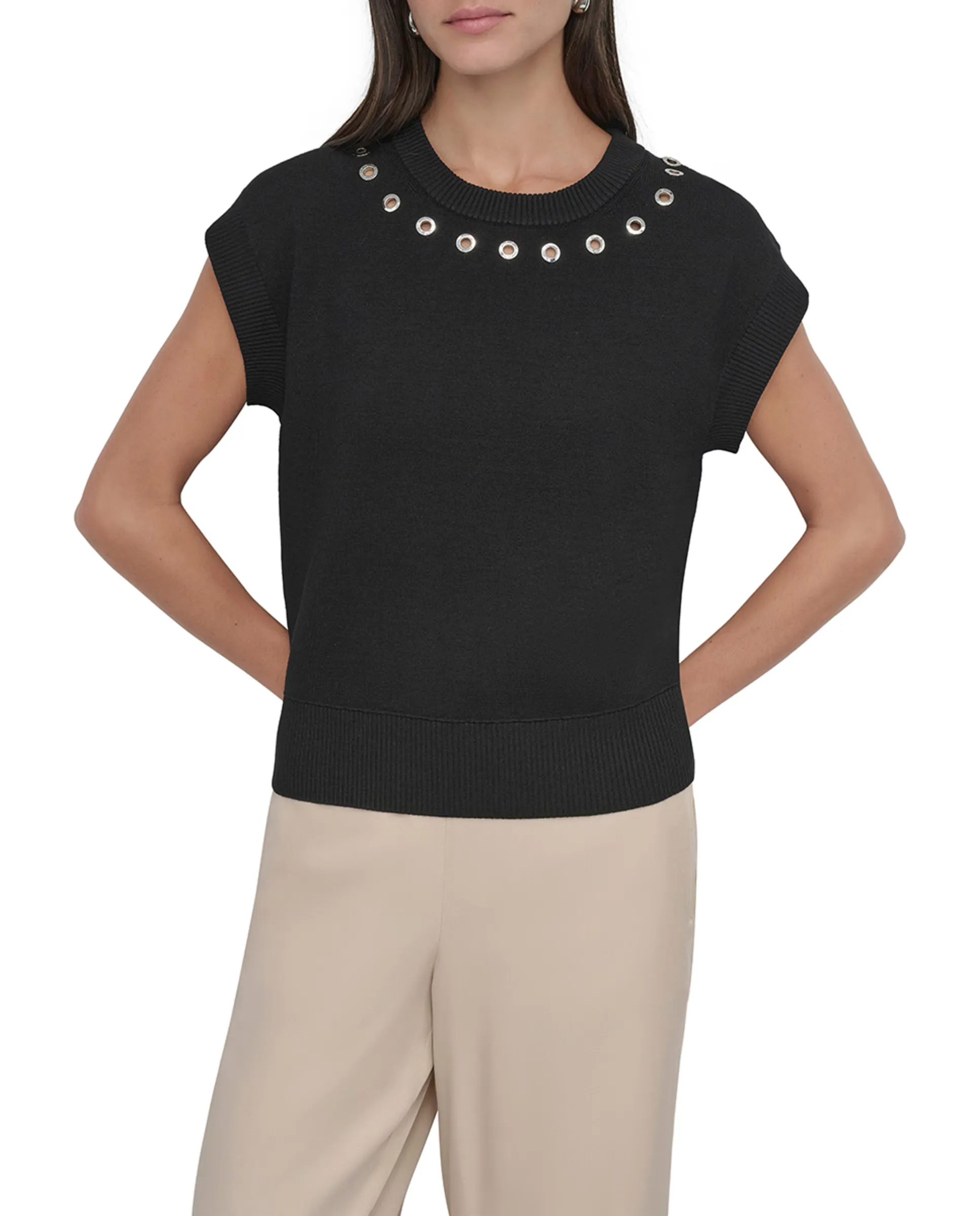 

Топ из трикотажа с коротким рукавом и круглым вырезом DKNY, черный